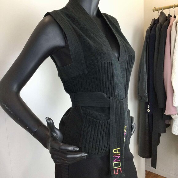 Vintage Sonia Rykiel Cotton Knit Vest – Black Sleeveless Belted – Size S - Picture 2 of 6